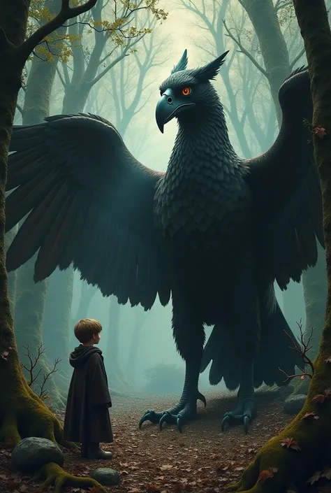 I want images Scene:  The dark forest of Hogwarts ,  where Harry meets Buckbeak for the first time .
narrator:
“Em Hogwarts,  among the shadows of the Forbidden Forest ,  lives a majestic being that combines the grace of an eagle with the strength of a hor...