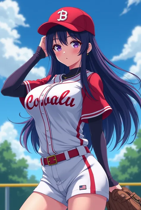 Japanese animation style、High school girl、Baseball uniform 、 Baseball Cap 、Dark Purple Long Hair、 purple pupils、 huge breasts