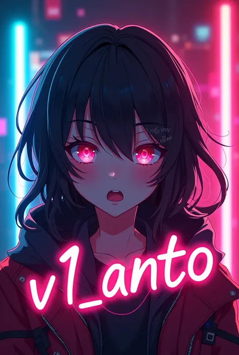  Create a profile picture for live gaming on TikTok with neon lights anime style with the font V1_Ant0 