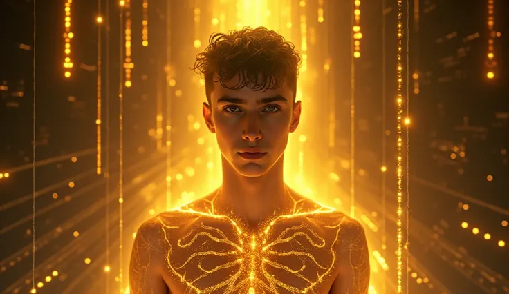  young Argentinian rapper covered in golden rays ,  cosmic energy running through his body ,  veins that shine , Matrix background ,  looking straight ahead , front view