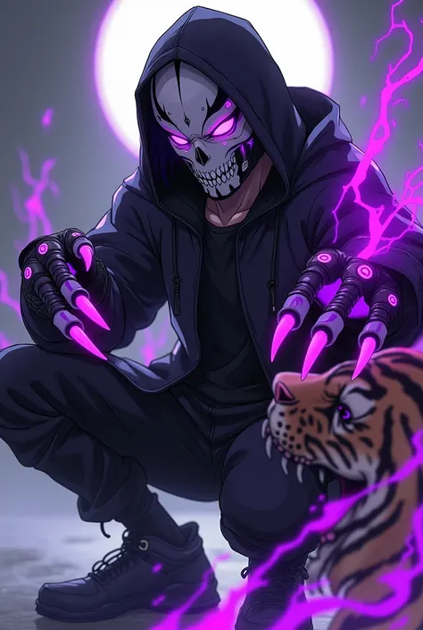 Seventeen-year-old anime boy, black hair with purple tips, purple eyes, marked and muscular physique with a scared black t-shirt, a black hooded jacket, black gloves, a black helmet since it covers his face completely, showing his eyes, the helmet painted ...