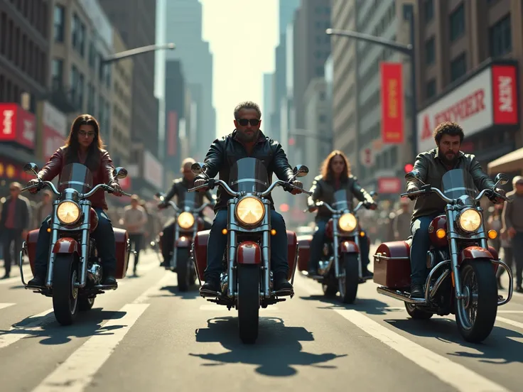 Give me an image that has 4 in the same image with motorcycles with sidecars in New York