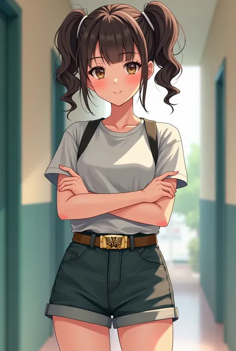  A high school girl with double ponytails is wearing short-sleeved shorts ， The shorts have a belt and the belt buckle on the belt is a long-shaped transformer，Hands crossed in front of her chest 