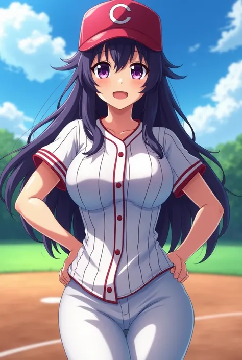 Japanese animation style、High school girl、Baseball uniform 、 Baseball Cap 、Dark Purple Long Hair、 purple pupils、huge breast leak