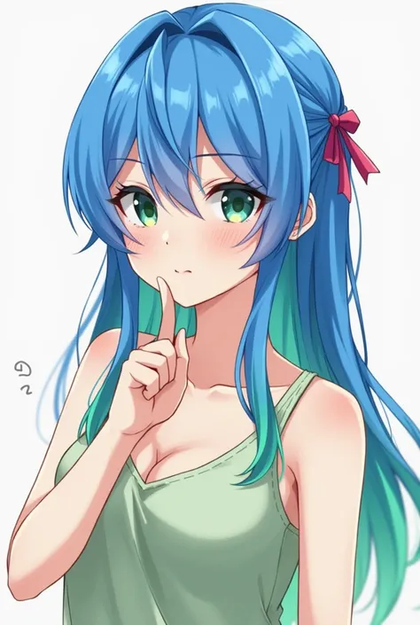 Anime girl with blue hair and green hair holding a finger, pixiv 3dcg, pixiv, melhor avaliado on pixiv,  popular on pixiv , on pixiv, pixiv style, arte digital on pixiv, em alta on pixiv, mikudayo,  pixiv trending , with index finger,  winner of the pixiv ...