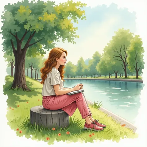 A girl sitting in the park, Water Color