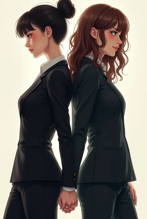  Two women holding hands looking in opposite directions  (both back to back) 
 One of them has her hair tied in a bun ,  with bangs and is elegant and imposing , as if she were English ,  she wears an office outfit , Gives vibes to Siren Office .   the oth...