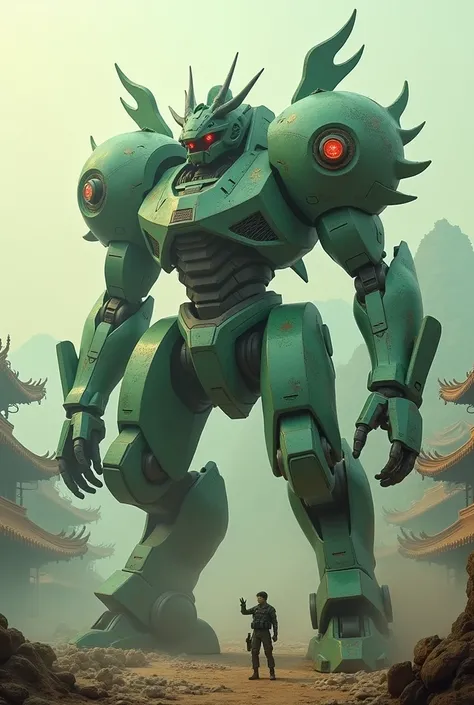 A massive, jade-green mech adorned with traditional Chinese dragon motifs and glowing red energy cores. Its serpentine design includes a dragon-like head with glowing eyes and articulated limbs that suggest agility despite its size. A Chinese soldier in mo...