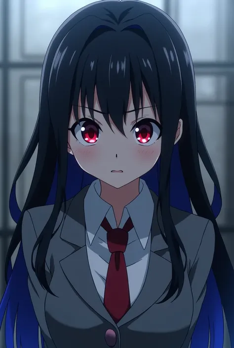 Screenshot of boku no hero academy, a girl with long black hair like the night with dark blue tips, make her foxy eyes with the colour red like blood make her using uniform, a gray blazer, red tie a skirt.