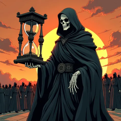 Manga style drawing in Miura style, the grim reaper holds an hourglass, while humanity parades without any emotion on their faces, in the background a sunset can be seen