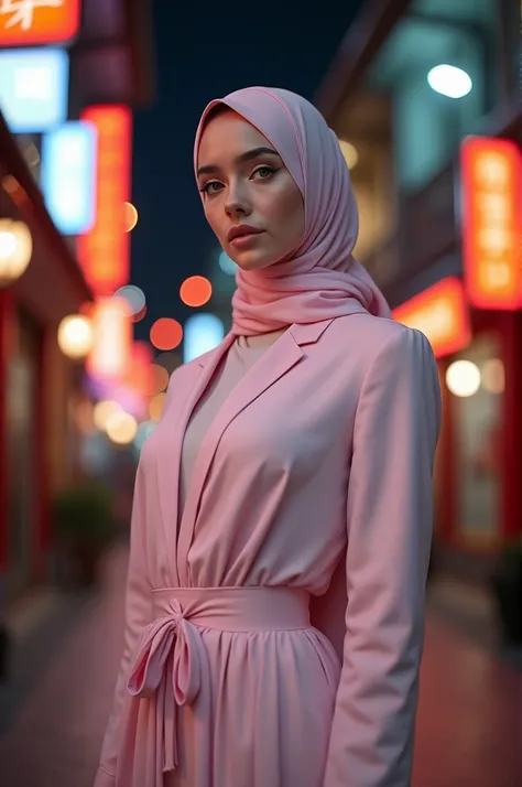 1 Girl, Beautiful, *********, 20 Years Old, White Skin, Colossal Breasts, Sexy Pose, Pastel Colour Muslim Hujab Outfit Coatumes, ((Pastel Colout Hijab Outfit)), ((Grey Eye)), Muscles, Bokeh, Chinese Street Background, Masterpiece, ((Night)), Pink Pastel Co...