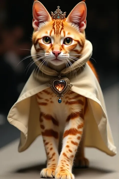 The graceful orange-striped cat wears a small cloak, holds a small mallet in one paw and wears a crown that fits between its ears. It walks the runway with graceful strides, as if exploring a ruler, periodically emitting a meowing cry, the jewel-adorned co...