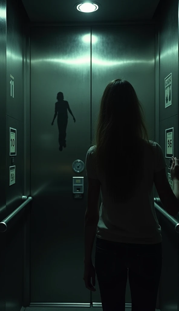 "Inside a dimly lit, claustrophobic elevator, a young woman stands frozen in fear. The control panel flickers erratically, displaying impossible numbers—10, 11, 12—while the doors slowly slide open, revealing a dark, endless corridor. At the far end of the...