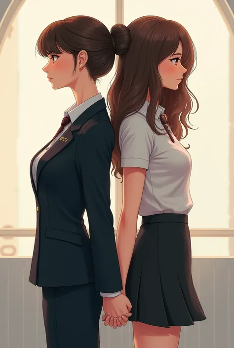  Two women holding hands looking in opposite directions  (both back to back) 
 One of them has her hair tied in a bun ,  with bangs and is elegant and imposing , as if she were English ,  she wears an office outfit , Gives vibes to Siren Office .   the oth...