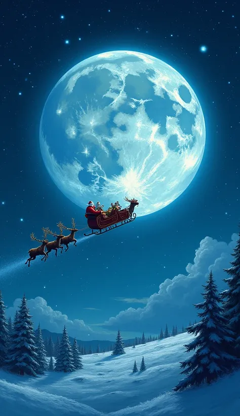  High resolution,  Masterpiece,  Precise, Detail, vector,  illustration,  HIGH QUALITY,  giant moon in the sky with a bluish hue, Santa Claus in his sleigh, Crossing is starry sky 