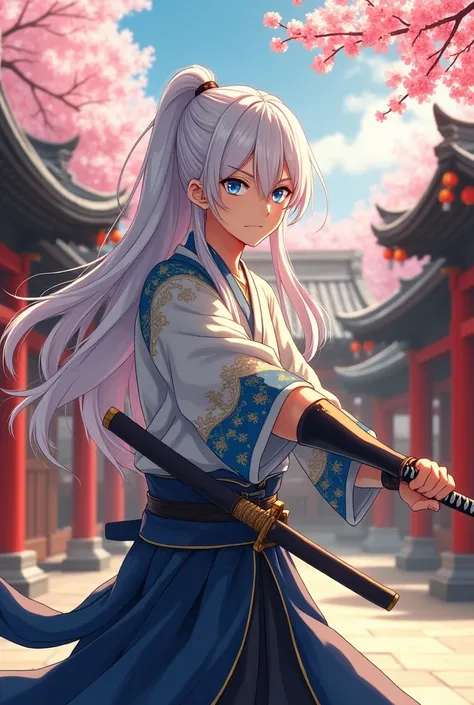 "A young anime samurai, 20 years old, training in the courtyard of an ancient temple from the Meiji Era. He has long white hair flowing in the wind and intense blue eyes, with a lightning-shaped scar on his forehead. The temple is adorned with Japanese lan...