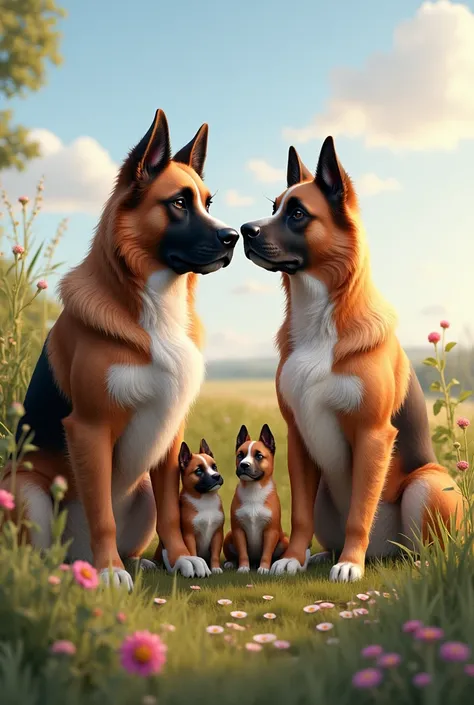 Créé moi une belle image dun très beau couple berger allemand poil long avec ses chiots