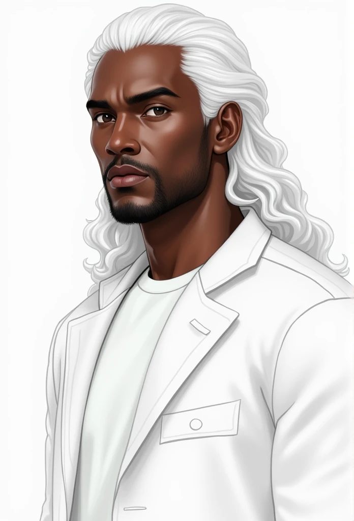 
 Realistic drawing of a handsome black man,  perfect face ,  dark eyes,  long white hair , white casual wear , analytical look, calm posture,  white background.  Every body must be visible and complete in the image.