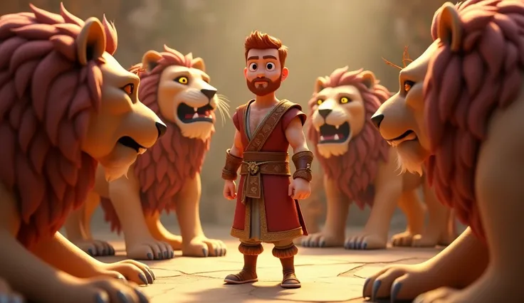 3D cartoon Daniel, redhead, short beard, short hair, young man, typical Babylonian clothing of the time, in the den of fierce lions wanting to devour him