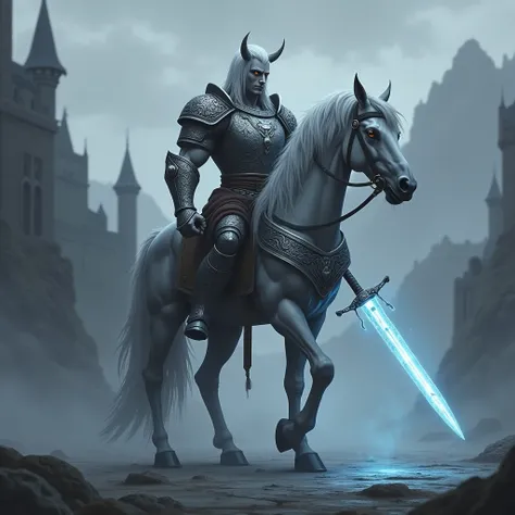 a centaur in armor. Anime style. Grayish scenery. Medieval. Magic sword. Anime.