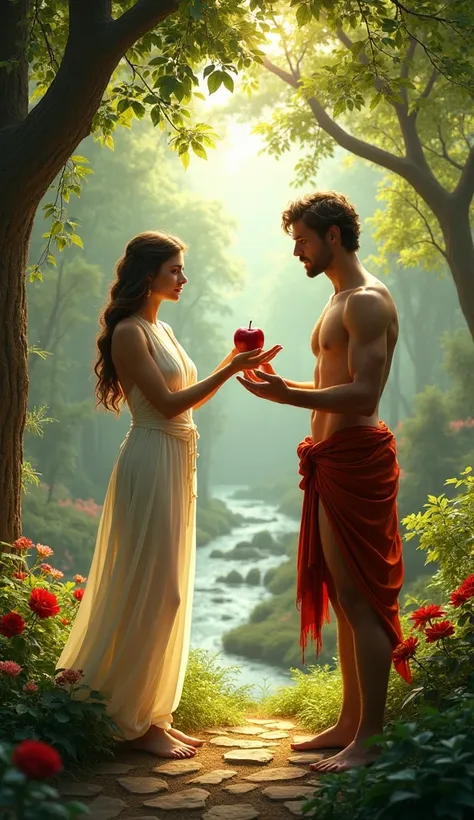 Make an image of Eve delivering an apple to Adam in the Garden of Eden, with censorship