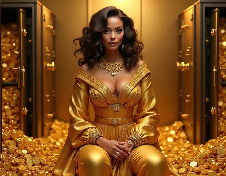 Powerful and elegant woman overflowing with riches, dressed in luxurious clothes in golden tones and shiny details. She is surrounded by symbols of wealth such as gold jewelry, gold bars, and open safes full of golden coins. The setting is sophisticated, w...