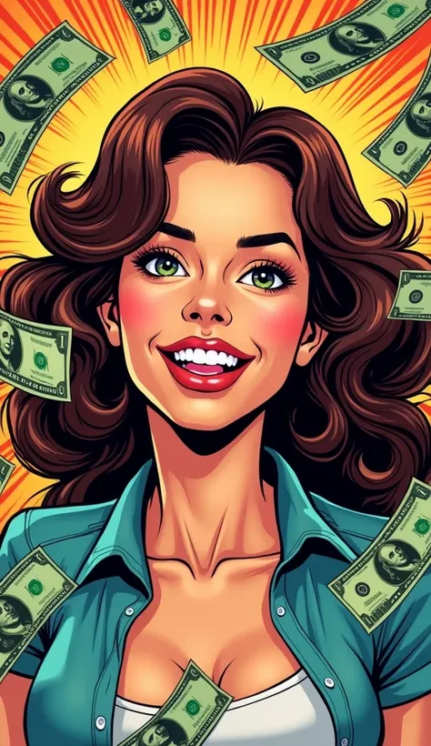 DISCREET image. with discreet casual clothes. image adult woman, american, comic book style. happy. with money around. IMAGES WITH VIBRANT COLORS. focus on face