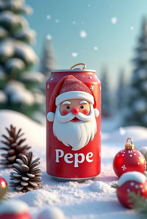   A 3D high definition image of a red soda can with a Santa Claus character on it. The can has the name "PEPE" in bold snowy letters. The can is placed on a snowed surface, which is scattered with pine cones, a little Christmas tree ornament, and other Chr...