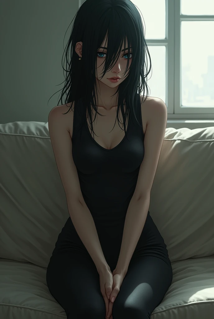 Woman, Skinny body, small breasts, wearing black generic bland dress, skin tight long pants, long messy black hair covering the face, grey blue eyes, Hands clasped together between legs, sitting on a cotton couch, sunlight through windows