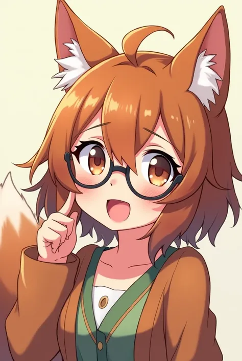 Kemonomimi, brown wolf, girl, pfp, person, anime, with glasses, happy, piel morena