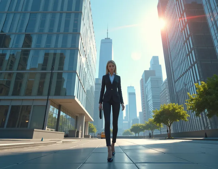 a female character is standing outside a modern office building , office building is in focus and in the background with little less focus these is an environment of skyscrappers, the whole environment will be showcasing the view of a modern hi-rise buildi...