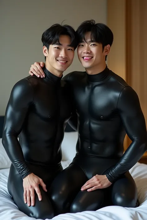 two muscular young japanese men in a high neck black zentai suit, kneeling with another young man in a similar suit, both with short hairstyles, on the bed, their athletic physiques and shiny suits emphasized, the scene conveying a fun, innocent and slight...