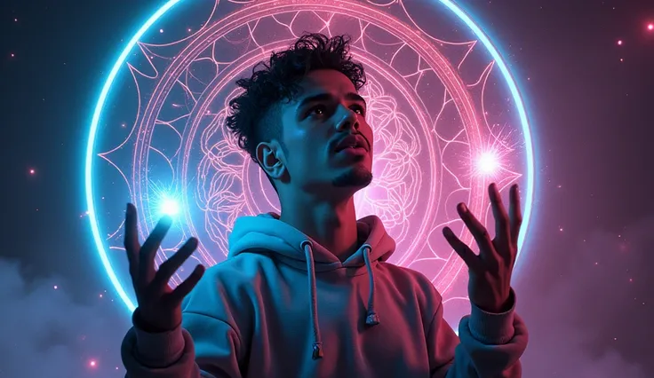  young Argentinian rapper focused looking up, With mandalas shaped like an energy clock ,  neon that come out of his hands , Controlling the Matrix 