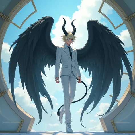 (masculine)An angel boy , big black wings, blonde,  Blue Eyes, black sclera, curved horns,  demon tail ,  white dress , Suit, White,  in a transparent observatory made of glass floating in the atmosphere.