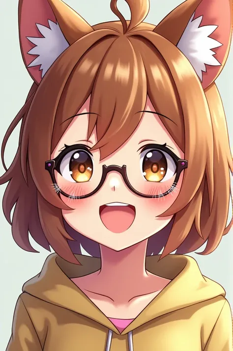 Anime girl, wolf, brown, with glasses, pfp, brown skin, happy