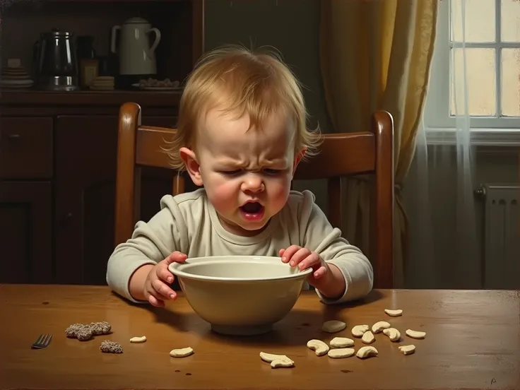 An intimate and expressive painting capturing the frustration and tension of a one-year-old  rejecting food during a mealtime. The  sits alone in their high chair at the family dining table, their small face twisted in a clear expression of defiance. Their...