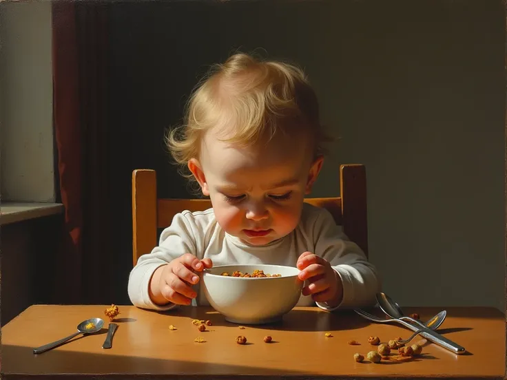 An intimate and expressive painting capturing the frustration and tension of a one-year-old  rejecting food during a mealtime. The  sits alone in their high chair at the family dining table, their small face twisted in a clear expression of defiance. Their...