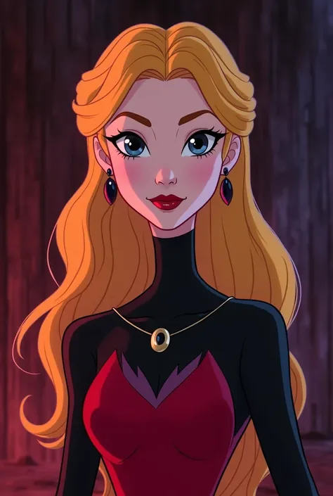 Disney princess Aurora reimagined as an evil villain in disney animated style. It should be the same as Aurora, but just give her a makeover of a villain. Keep the hairstyle and face same as original Aurora 