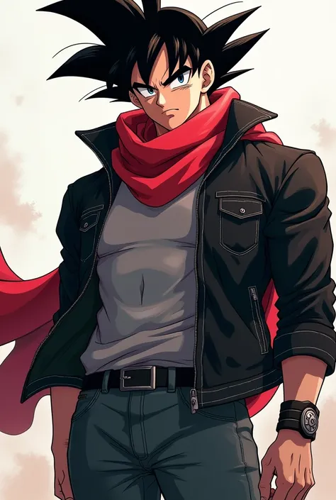 goku   ,with a black jacket and gray shirt and jeans and a red scarf on his dbs cartoon style jacket  