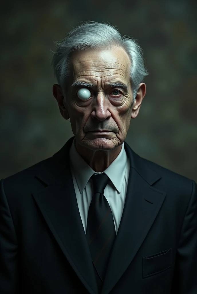 A gray-haired man ,  with a fairly large white eye ,  in good condition but of advanced age ,  dressed in an elegant black suit and with a menacing, dark aura