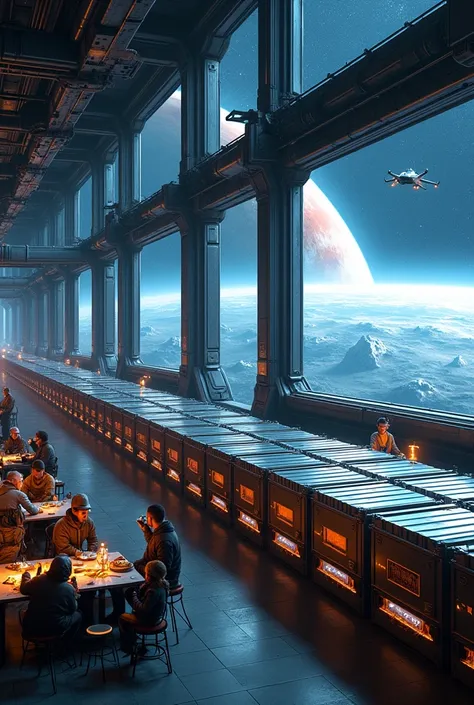 A vibrant trade hub within a space station, where rows of metallic cargo containers are organized neatly. Large rectangular windows along the walls offer a spectacular view of space, with nearby stars and a distant nebula visible. A small cafeteria is tuck...