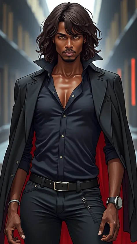 
 Realistic drawing of a black man ,  beautiful and sturdy face , golden eyes,  brown hair , white background,  black clothes .  Every body must be visible and complete in the image.