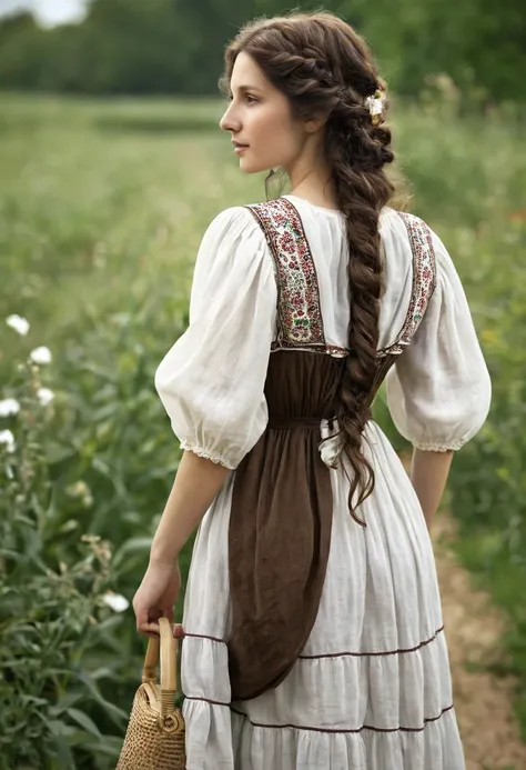 Create a woman with a white skin back., wearing a peasant dress, long, wavy, brown hair 