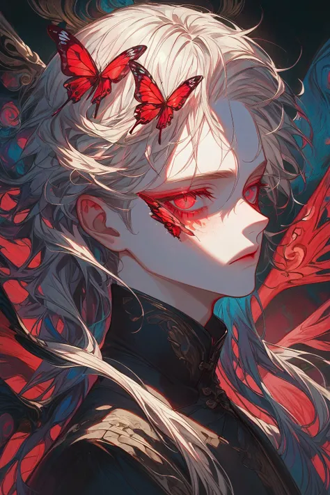 (outrageous, high resolution, ultra-precise), (man), single, handsome, detailed eyes and detailed faces, visual art, mysterious, hyan hair, long hair, red eyes, (boy), red butterfly wings on the back