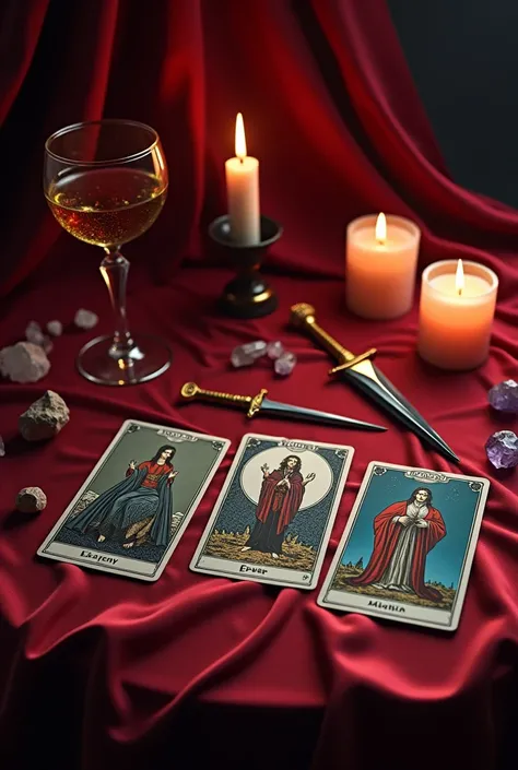  Tarot table with 3 cards on top and the deck on the side, a glass wine glass decorated with water inside the glass, a candle , a small dagger lying ,  some crystals scattered around the table , um a red satin towel ,  Image in reddish and dark tones
