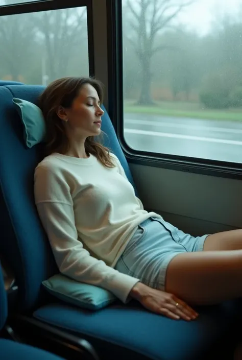 woman (Sleeping on your stomach )with the (( Buttocks up )) wearing a shirt and shorts in the back seat of a bus,  rain falling outside the window ,  soft lighting , photorealistic details,  natural skin tones ,  White sweater ,  light blue pillow  , Relax...