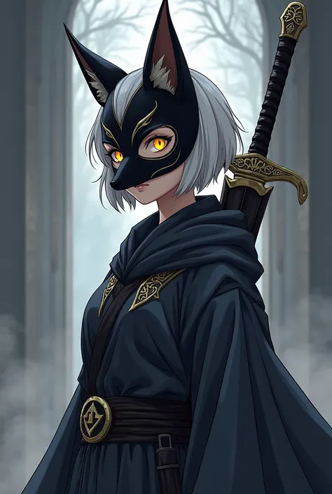  female ambu black fox mask、 gold border on the side ,  wear a dawn robe , White short hair, with a large sword on the back  , Anime
