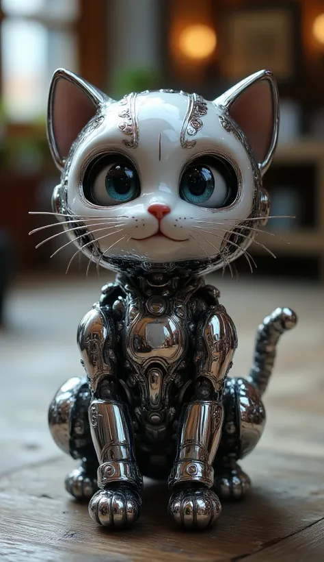 A cute metal cyborg kitten with a (intricate details) and (hyperdetailed:1.2) appearance. The kitten has a [tail] made of detailed wire. The image captures a cinematic shot with a vignette effect, and the kitten is centered in the frame. The overall image ...