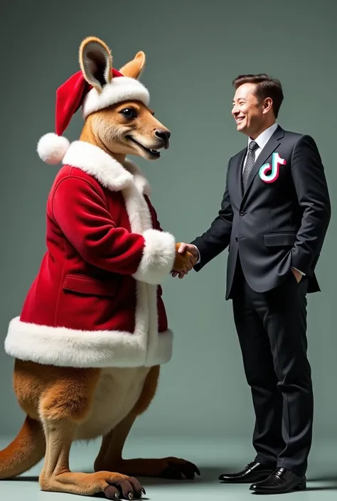  generate a realistic image of a kangaroo wearing Santa Claus attire, He is shaking hands with Elon Musk ,  they both have the TikTok symbol on their clothes 