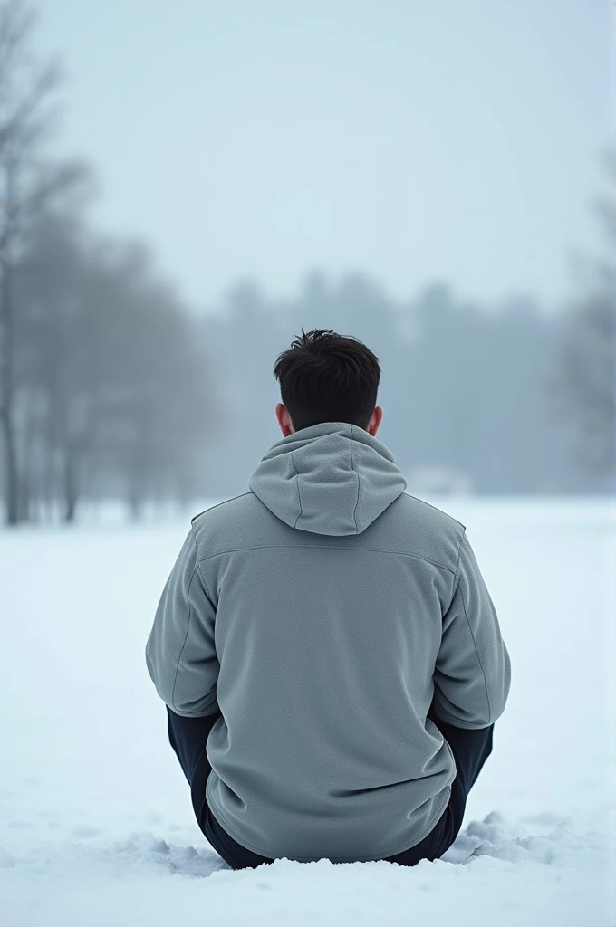 "Create an image of a male model sitting in a straight, upright position facing away from the camera, with his back fully visible and centered in the frame. The setting is a serene, snowy outdoor scene with a flat snowy ground and soft, distant trees in th...